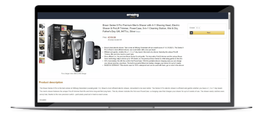 Simulated e-commerce product page example on desktop